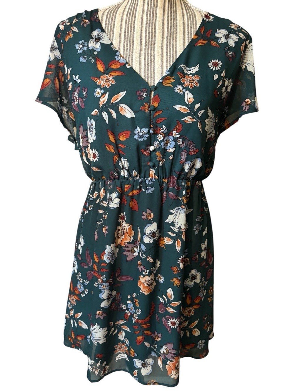 Maurices Mini Dress Small Dark Green Floral Orange White Flutter Sleeves Buttons